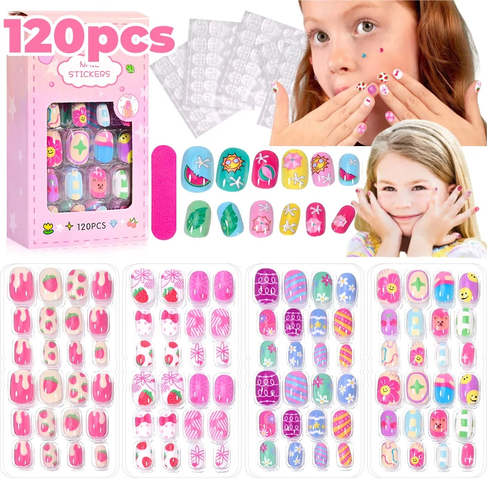 120 Children's Press on Kids Cartoon Acrylic Fake Nails
