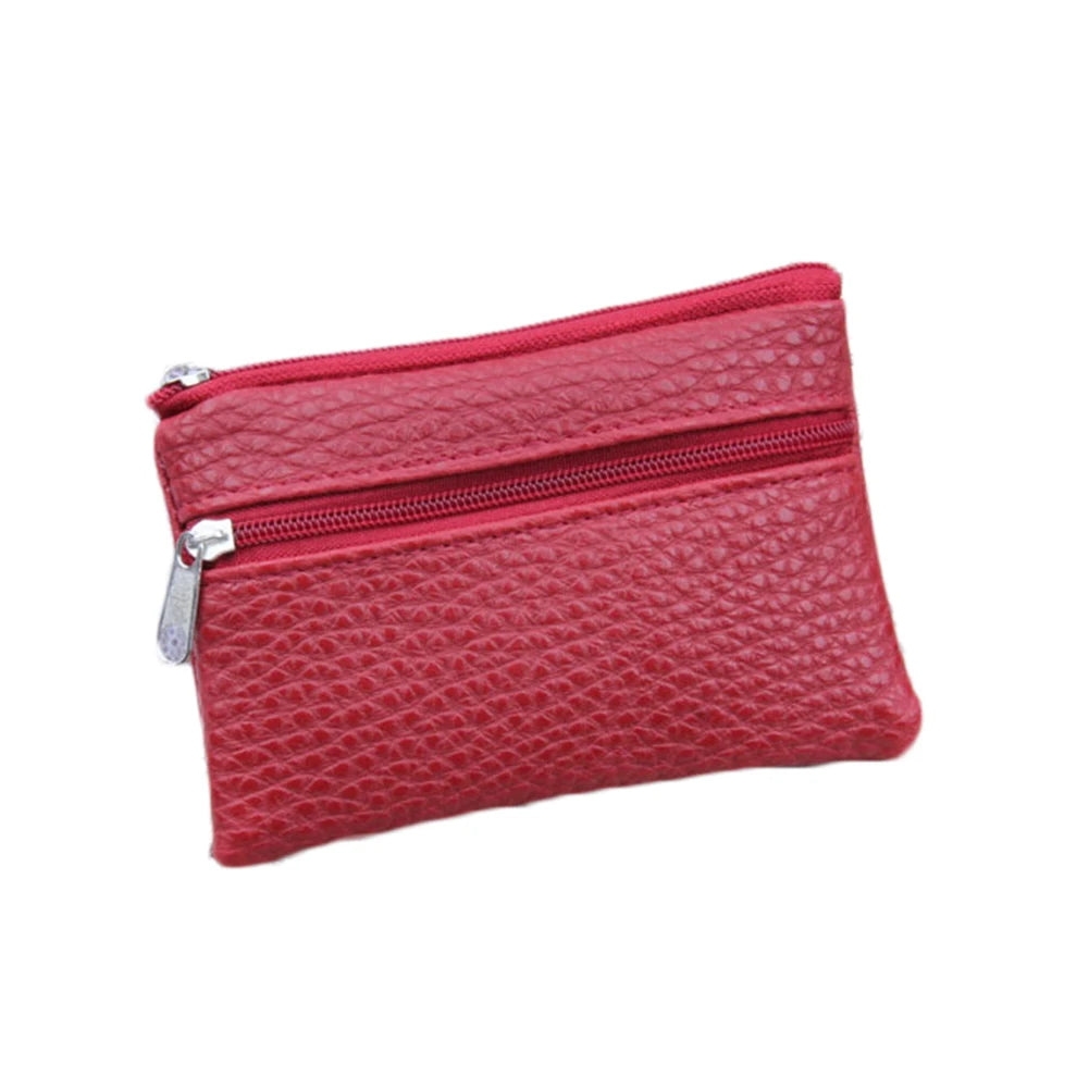 Mini PU Leather Coin Purse for Female with 2 Zippers