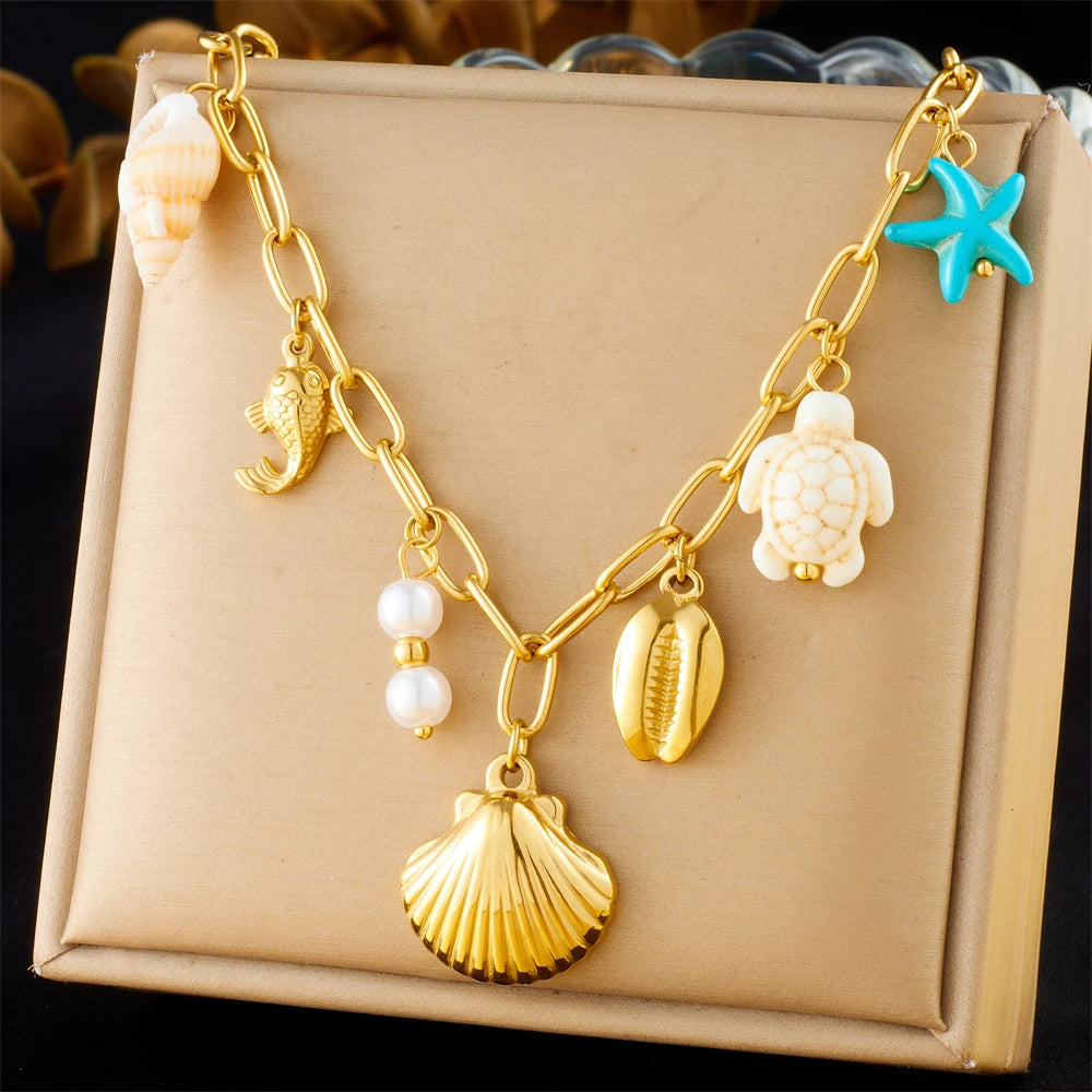 Stainless Steel Gold Multiple Pendant Necklace for  Women