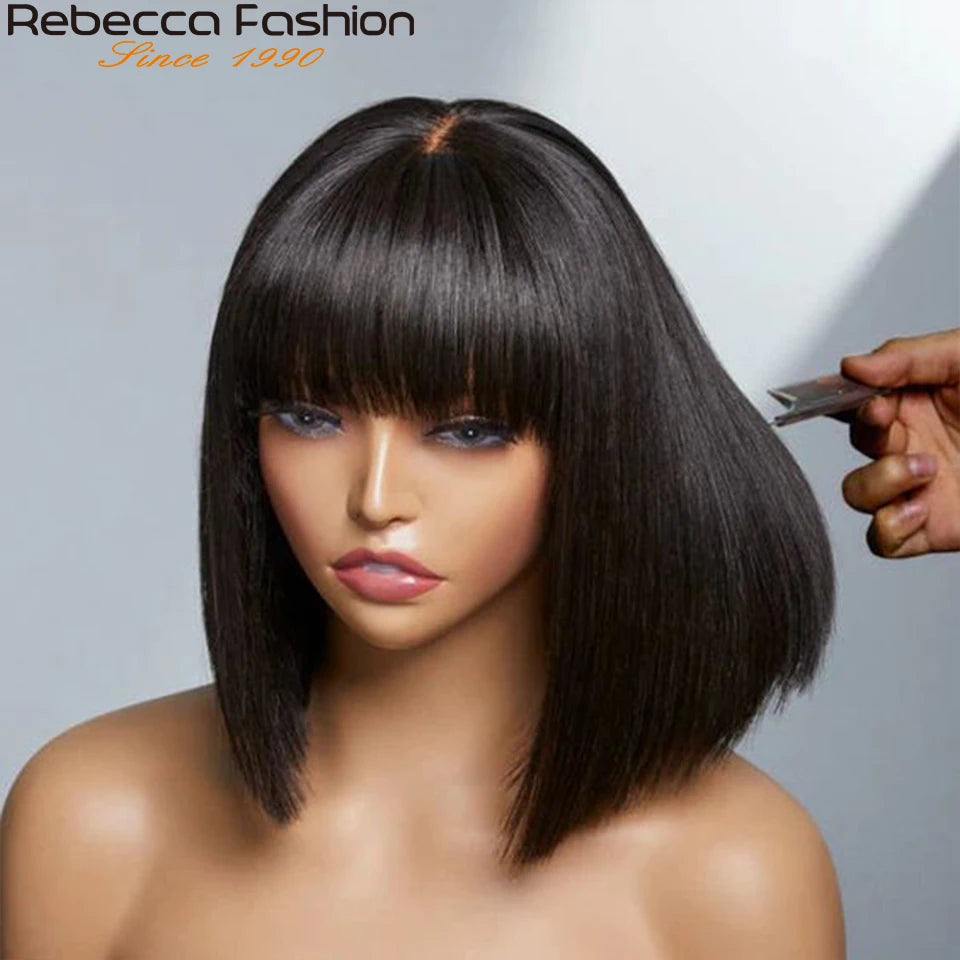 Straight Human Hair With Bangs Fringe Middle Part Bob Lace Wigs