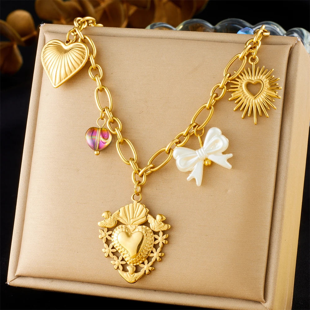 Stainless Steel Gold Multiple Pendant Necklace for  Women