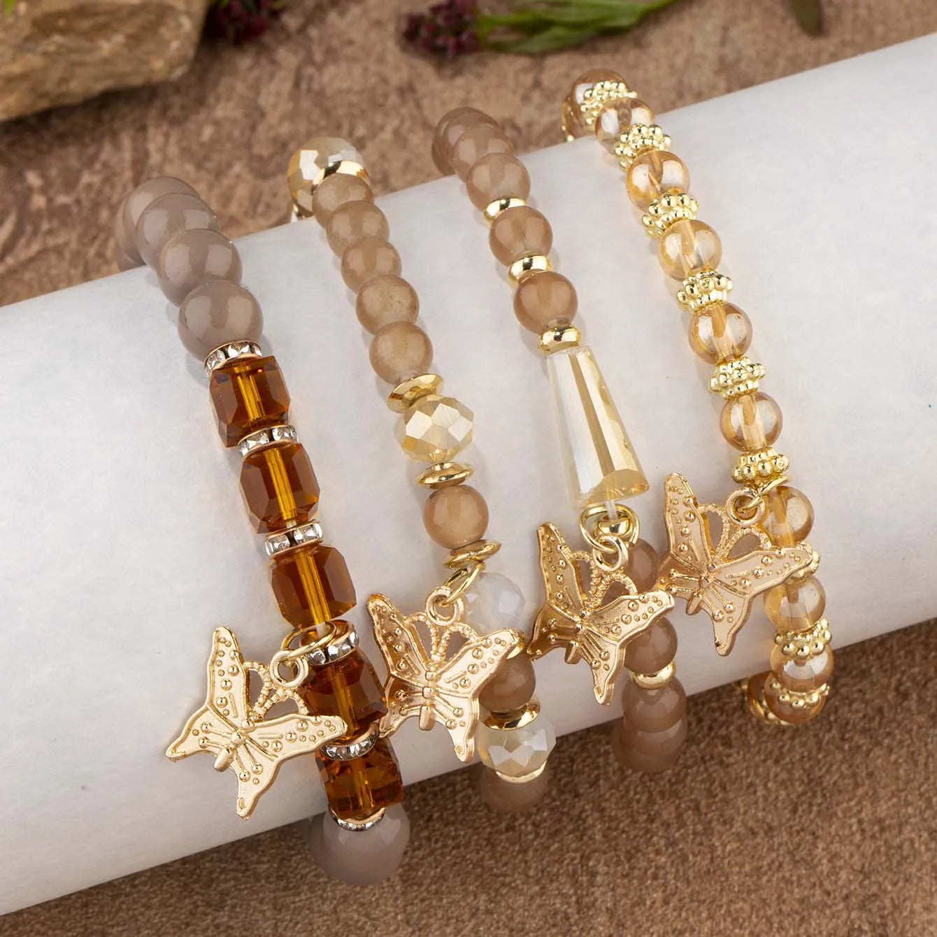 4Pcs Trendy Butterfly Elastic Beaded Bracelet Set For Women