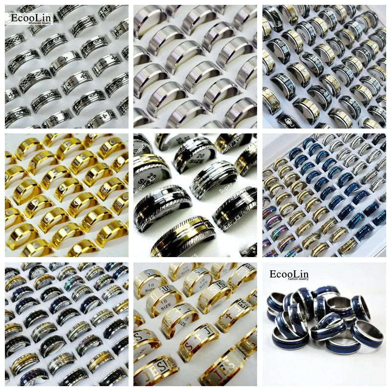 10Pcs Stainless Steel Mixed Pattern/Style Rings For Men/Women