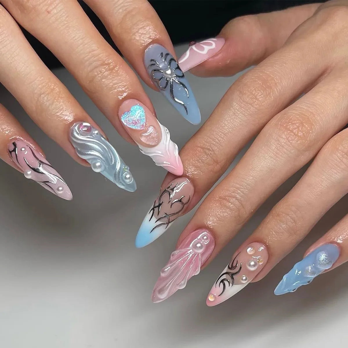 24Pcs Almond Long French False Nails