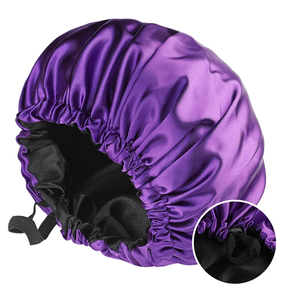 Silky Satin Bonnet Cap for Sleeping Large Double Layer Reversible Adjustable