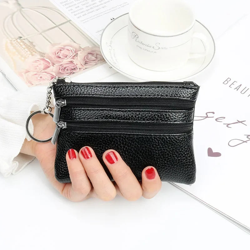 PU Mini Leather Women's Wallet Three Zippers with Keychain