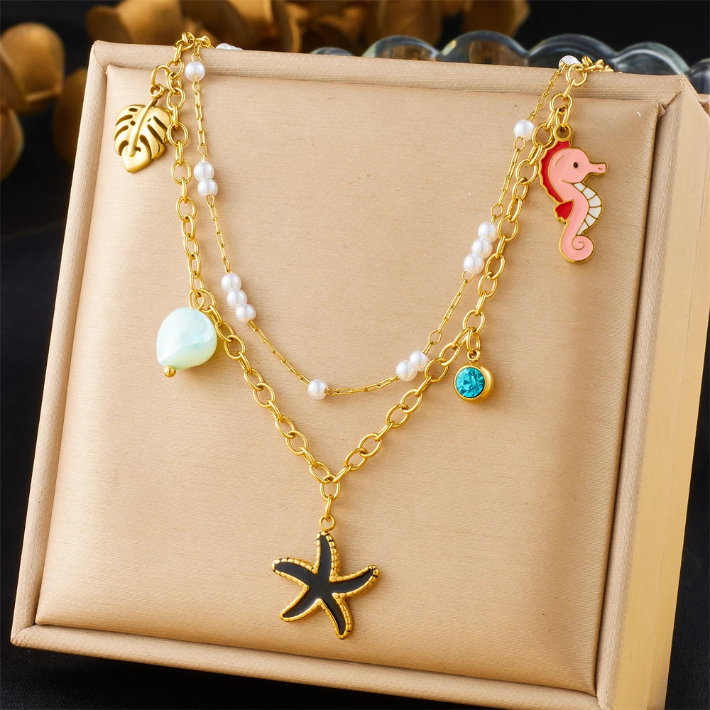 Stainless Steel Gold Multiple Pendant Necklace for  Women
