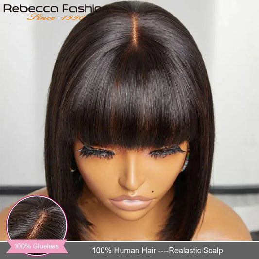 Straight Human Hair With Bangs Fringe Middle Part Bob Lace Wigs