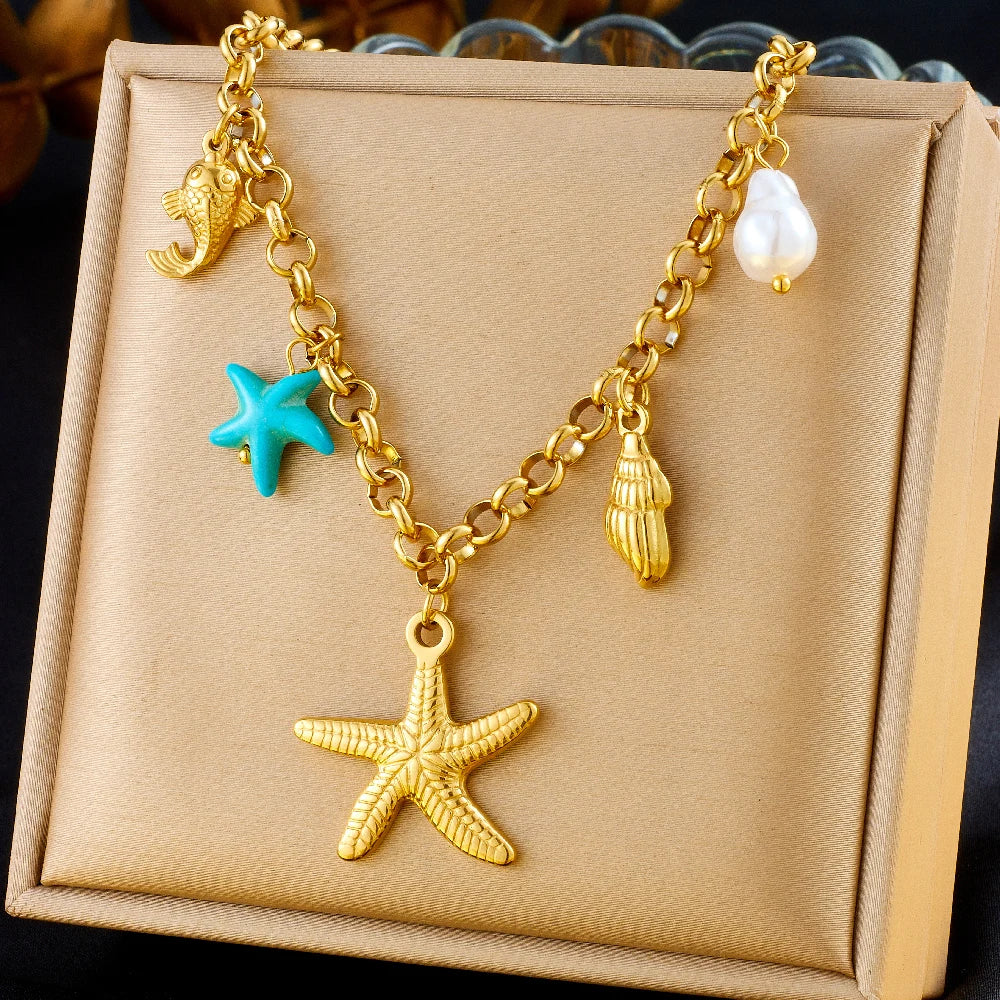 Stainless Steel Gold Multiple Pendant Necklace for  Women