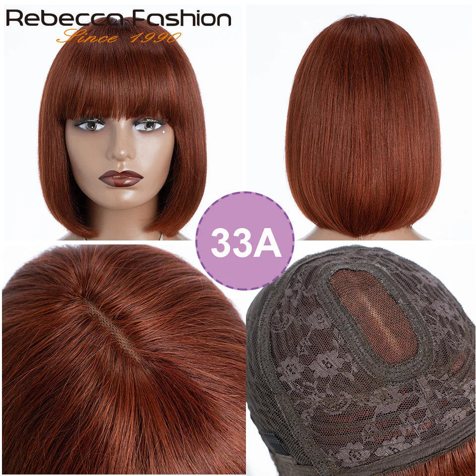 Straight Human Hair With Bangs Fringe Middle Part Bob Lace Wigs