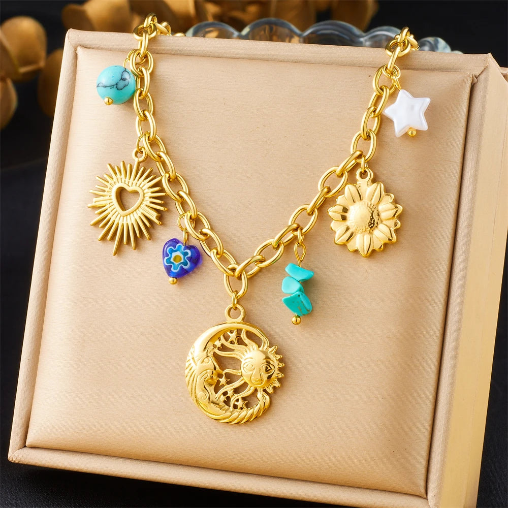 Stainless Steel Gold Multiple Pendant Necklace for  Women