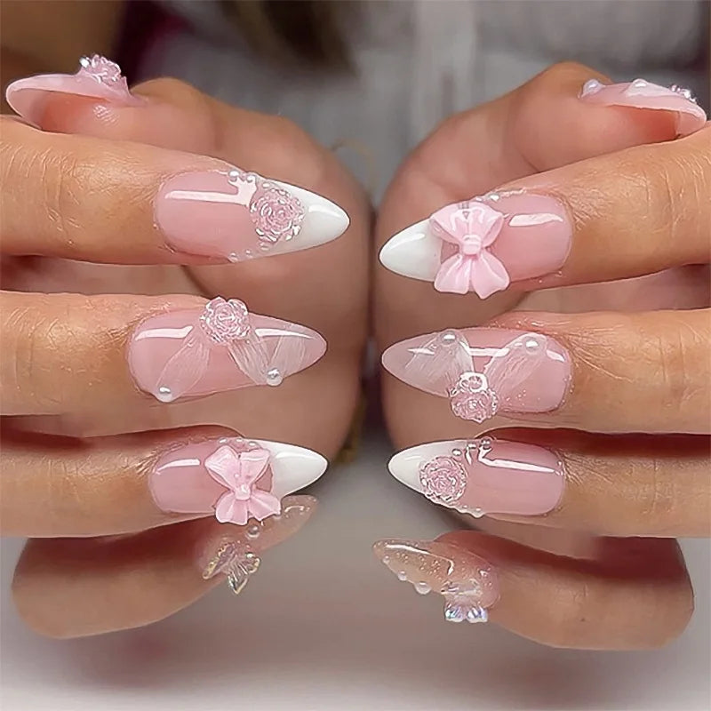 24Pcs Almond Long French False Nails