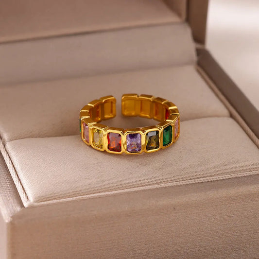 Colorful Stainless Steel Cubic Zircon Open Ring for Women